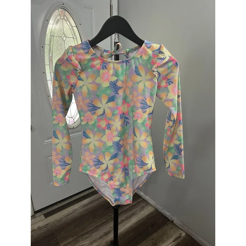 Target Girls Long Sleeve One-Piece Swimsuit Floral Tropical Multicolor Size L